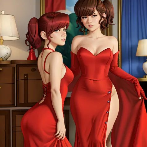 Lynn Loud in a long huge red strapless silk evening dress, sexy girl, long sexy dress, sexy pose, front view, curvy girl, big breasts, big thighs, big butt, red opera gloves