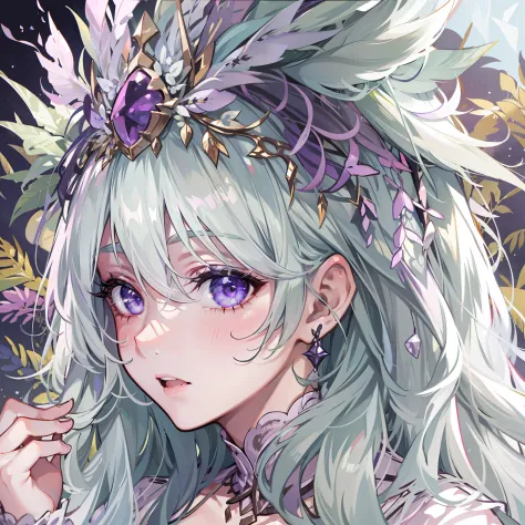 tmasterpiece，best quality at best，a girl，pine leaf white green hair，purple pick dye，smoky eyes，purple-white gradient eyes，diadem...