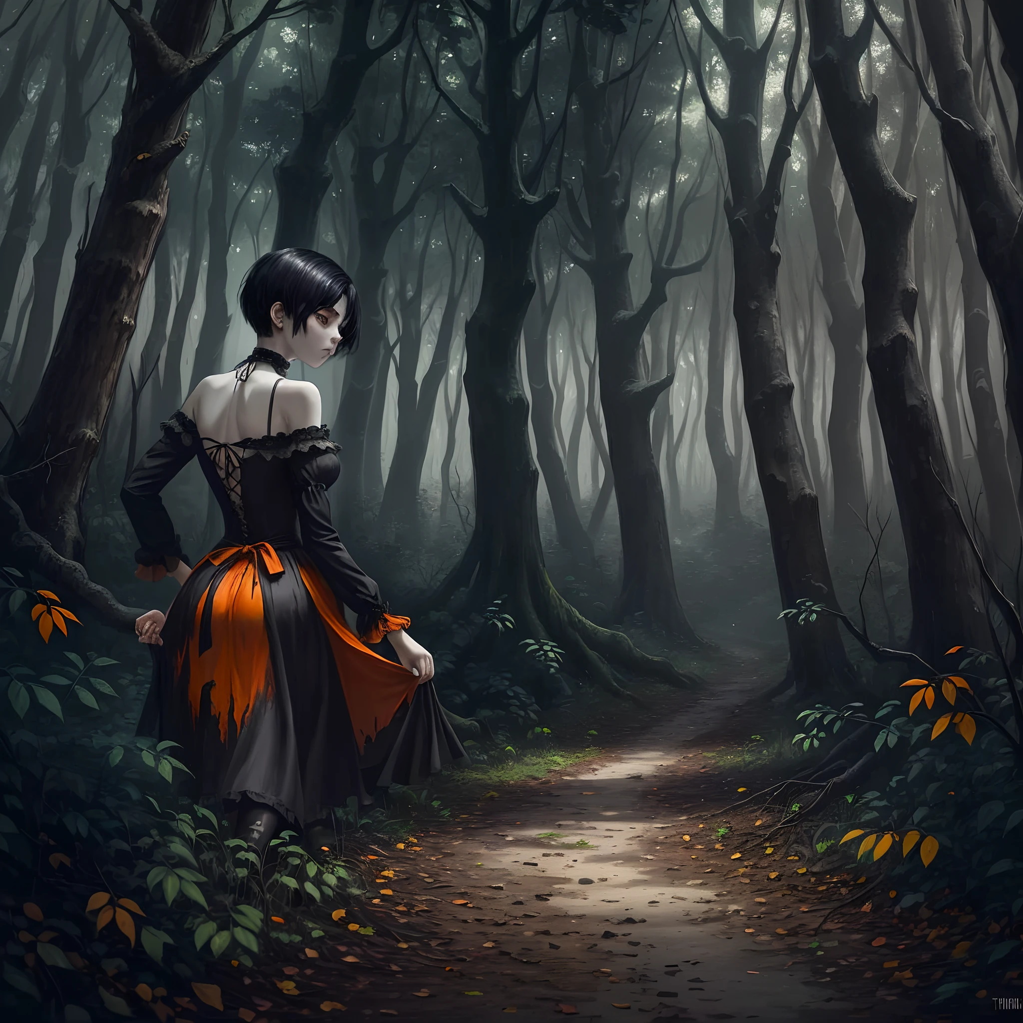 1 Girl with short black hair, pale gray skin in an orange dress in the woods struggling to walk. The camera is behind her Dutch tilt angle, camera is tilted, we see her back. Big scary bended trees gothic trees bended branches warped twisted scenery, painted, oil painting style, gothic art, scary art, horror, sad, depressing, ugly scenery