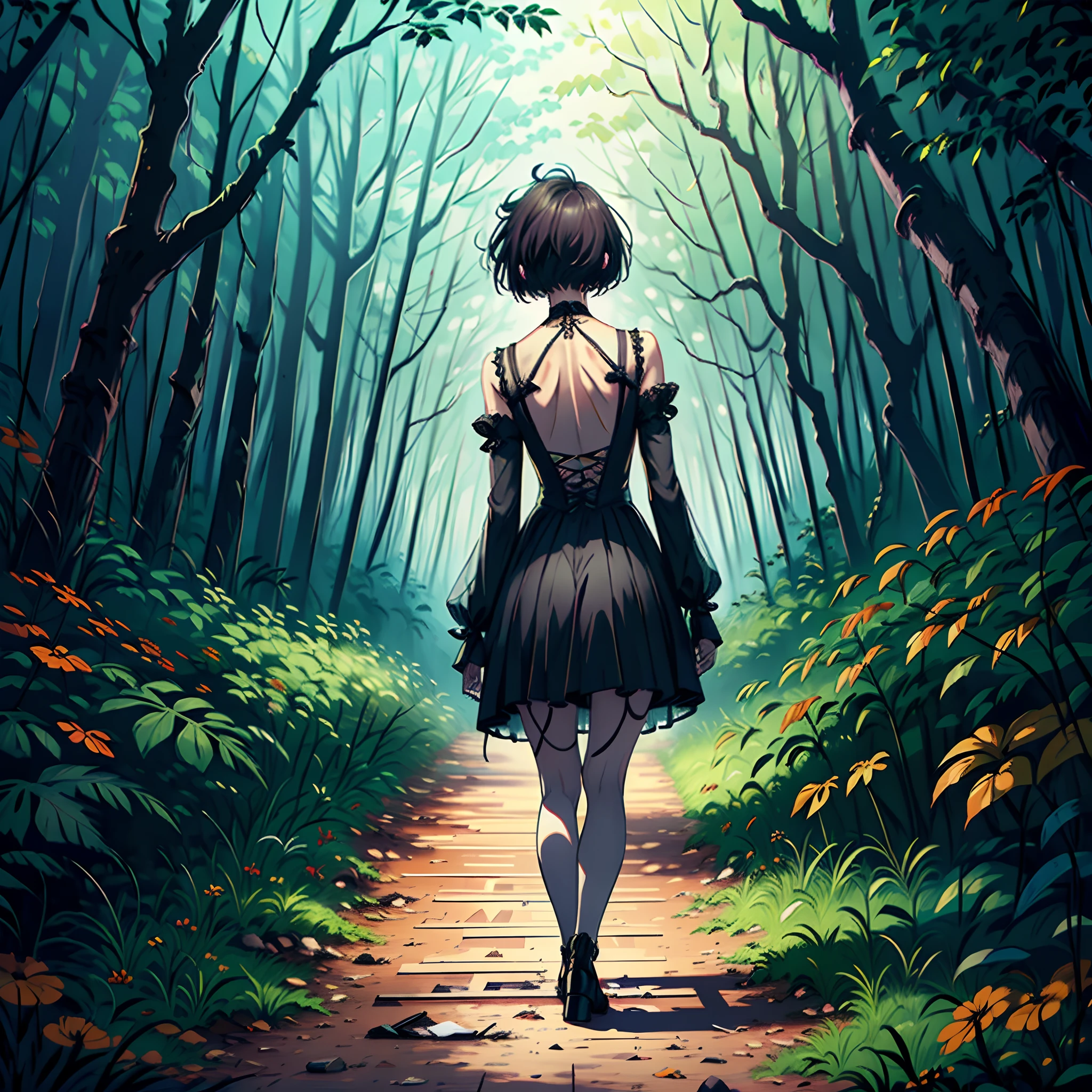 1 Girl with short black hair, pale gray skin in an orange dress in the woods struggling to walk. The camera is behind her Dutch tilt angle, camera is tilted, we see her back. Big scary bended trees gothic trees bended branches warped twisted scenery, painted, oil painting style, gothic art, scary art, horror, sad, depressing, ugly scenery