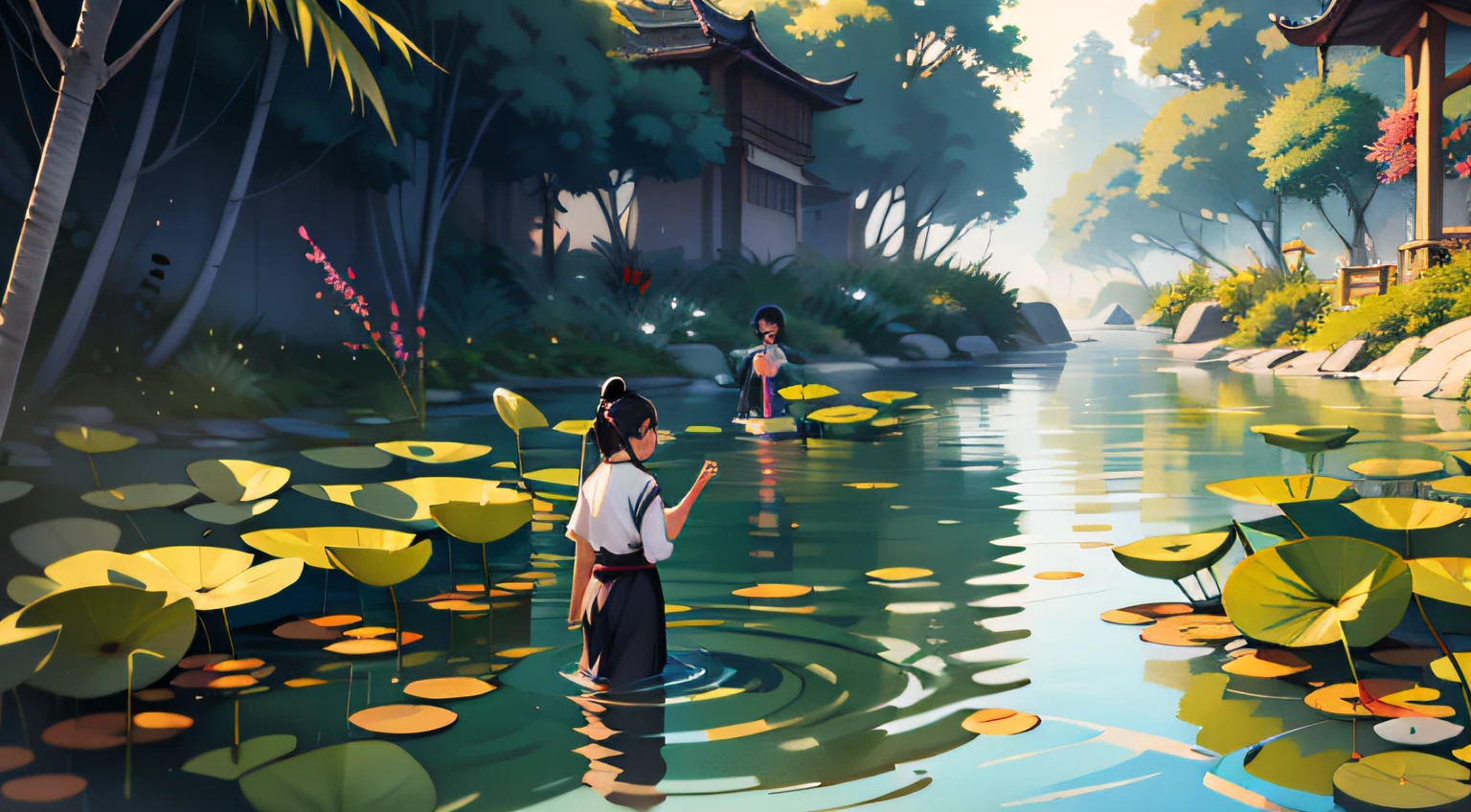 Antike Aussicht am Flussufer，Es gibt Lotusblumen，in der Ferne, Ich sah vage mehrere Kinder im Wasser schwimmen，Fische fangen