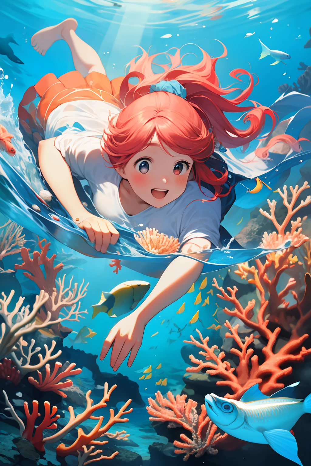 (ocean floor、Marine life、Beautiful coral reef、The fish),Messy painting style，Hair flows in water