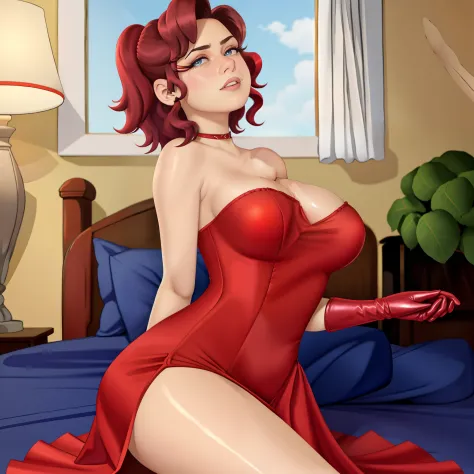 Lynn Loud in a long huge red strapless silk evening dress, sexy girl, long sexy dress, sexy pose, front view, curvy girl, big breasts, big thighs, big butt, red opera gloves