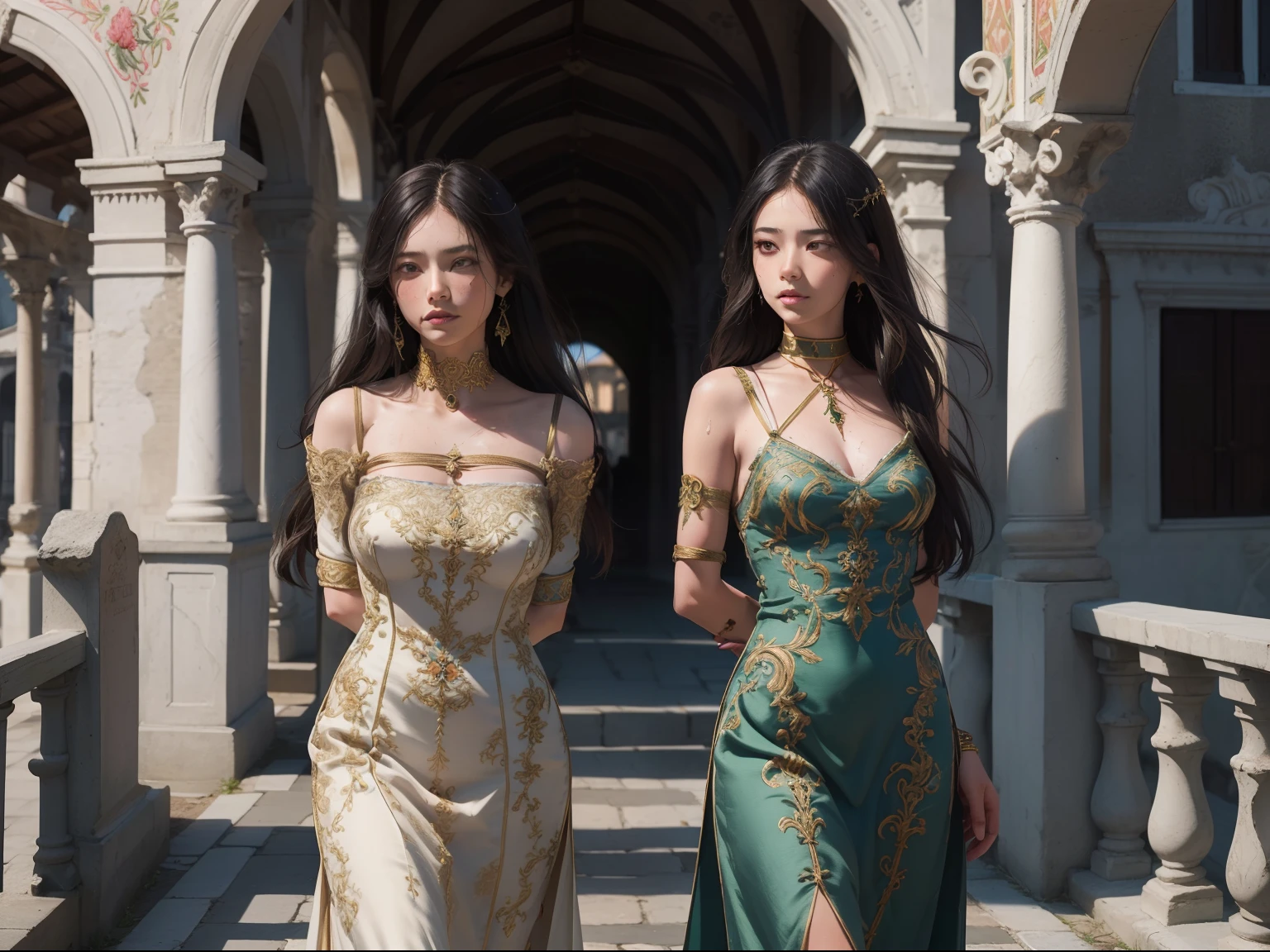 top quality picture　　　、Italy、Venice　、old bridge　、
１５century　、(((Very luxurious embroidered long dress)))　、　Walking　　、(((two womens)))　、　(((Bound arms)))　, (((arms behind back)))
　,　full body Esbian
　 　、Collar with rope　　、(((distressed look)))　、Thin ropes that bind the body　、chains　、Pale green walls　、 Black hair　、low angles　、 shining beautiful skin , Sweat, collar and chain accessories, beautiful black pupil and hair, Detailed expression　, beautidful eyes,