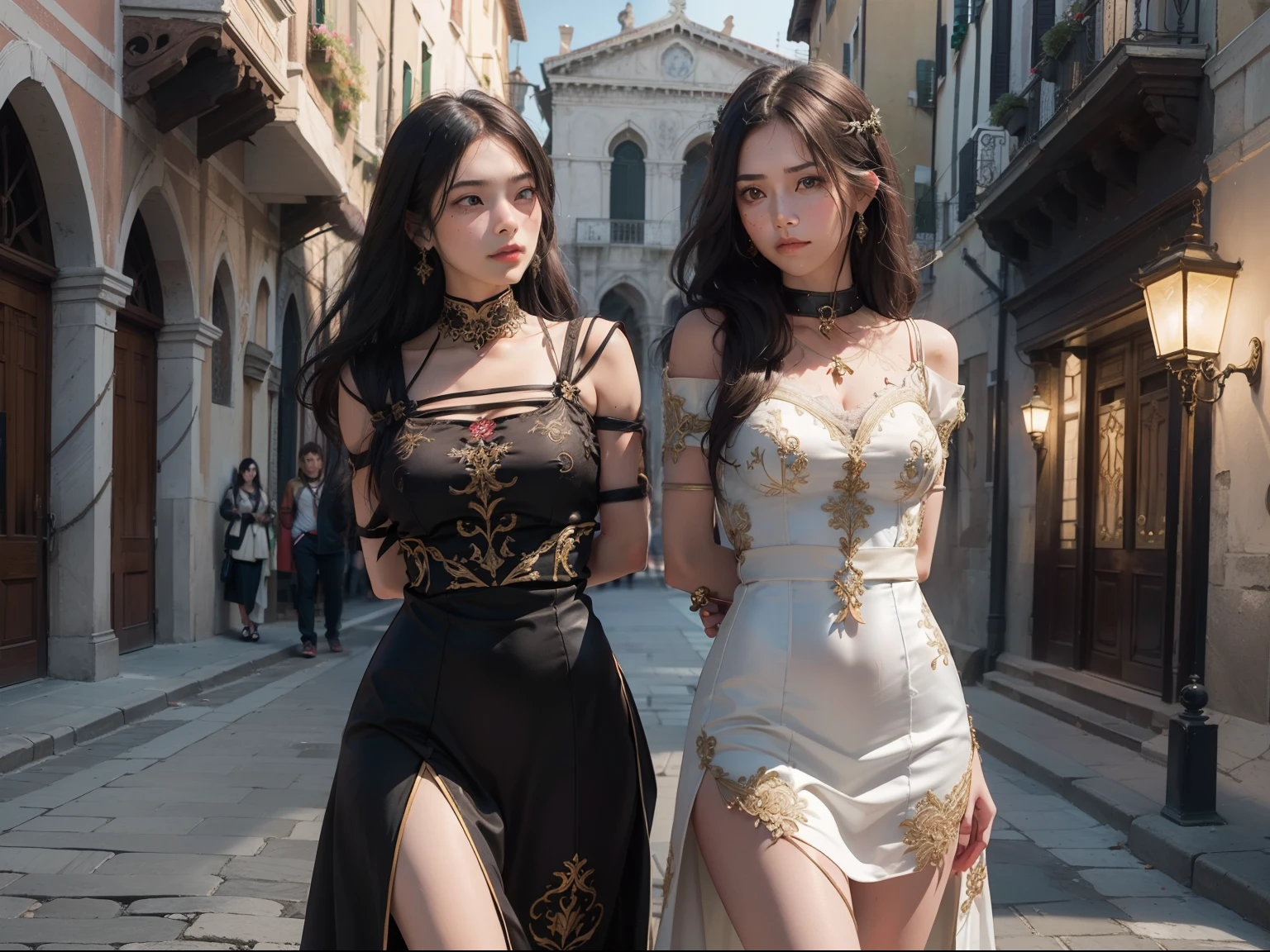 top quality picture　　　、Italy、Venice　、old bridge　、
１５century　、(((Very luxurious embroidered long dress)))　、　Walking　　、(((two womens)))　、　(((Bound arms)))　, (((arms behind back)))
　,　full body Esbian
　 　、Collar with rope　　、(((distressed look)))　、Thin ropes that bind the body　、chains　、Pale green walls　、 Black hair　、low angles　、 shining beautiful skin , Sweat, collar and chain accessories, beautiful black pupil and hair, Detailed expression　, beautidful eyes,