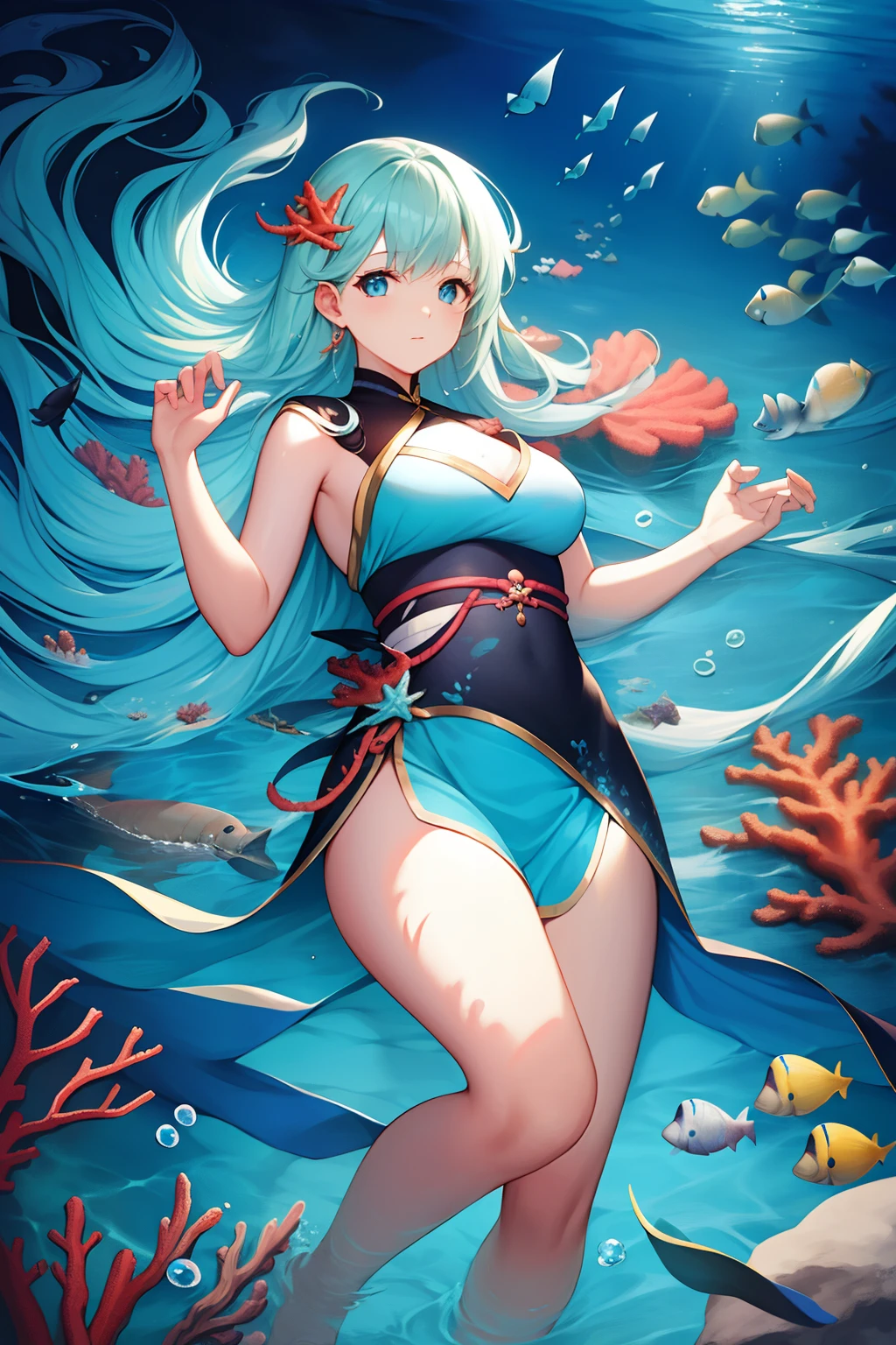 (ocean floor、Marine life、Beautiful coral reef、The fish),Messy painting style，Hair flows in water