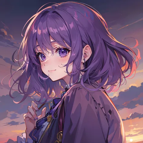 tmasterpiece，Best quality at best，A girl，Smoky eyes，Edogawa purple hair，ssmile，Behind is the sunset，heal