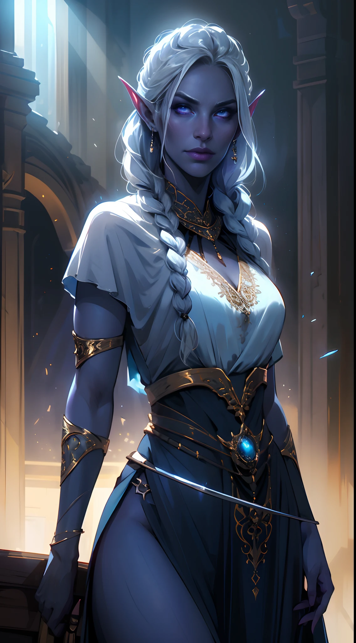 unreal engine:1.4, fotorrealist:1.4, skin texture:1.4, Masterpiece:1.4,1girl, drow sexy, purple-blue skin, Long, elaborate pale silver braids, ((Red eyes)), jewelry, Elf&#39;s ears, earrings, ((Sexy White Sorceress Dress)), ((Manage staff)), ((Cast light magic)), on a scythe roof, athletic, volumetric illumination, The best quality, Masterpiece, realist, anatomically correct, (Strong cinematic lighting), impressive details, intricate details, 8k post-production, High resolution, Super details, trends on Artstation, sharp focus, Depth of field F/1.8, studio photos, (((Looking at camera)))
