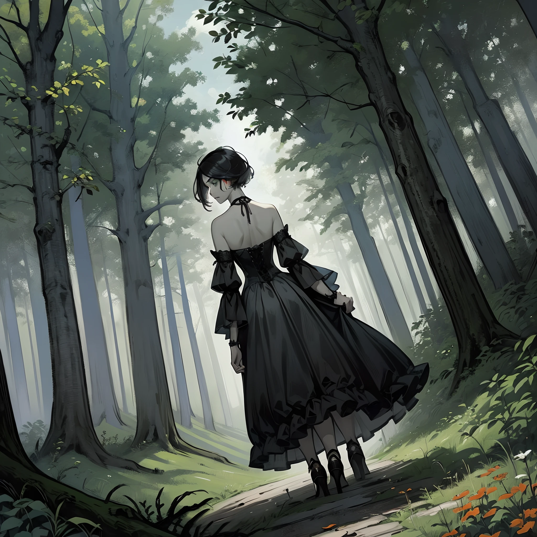 1 Girl with short black hair, pale gray skin in an orange dress in the woods struggling to walk. The camera is behind her Dutch tilt angle, camera is tilted, we see her back. Big scary bended trees gothic trees bended branches warped twisted scenery, painted, oil painting style, gothic art, scary art, horror, sad, depressing, ugly scenery