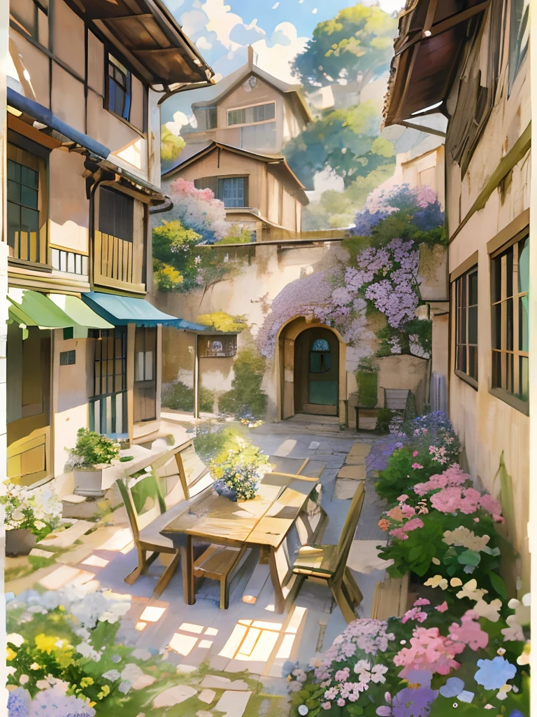 painting of a courtyard with a table and chairs and a bench, anime ...