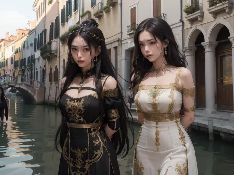 top quality picture　　　、italy、venice　、old bridge　、
１５century　、(((very luxurious embroidered long dress)))　、　walking　　、(((two wome...