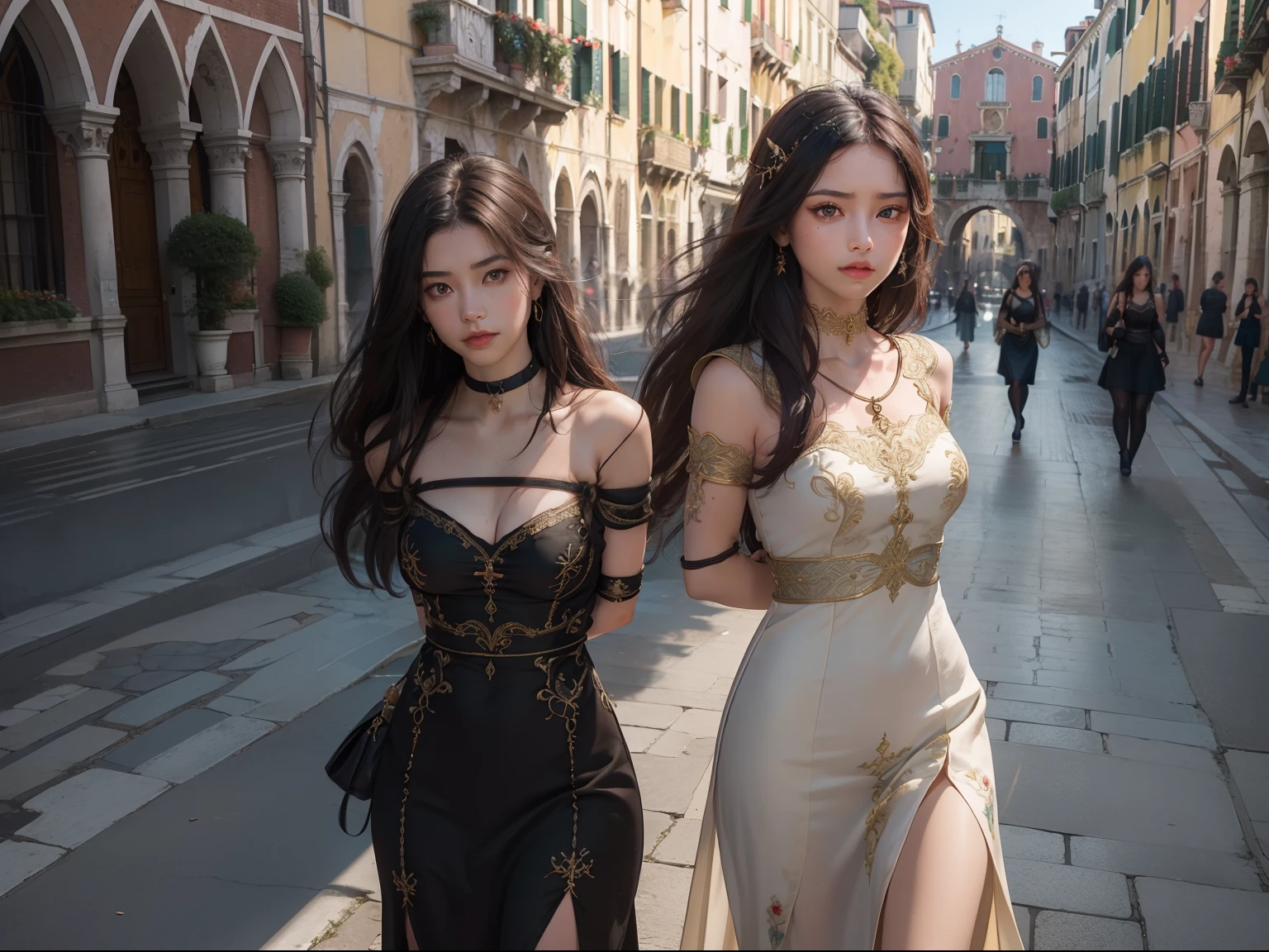 top quality picture　　　、Italy、Venice　、old bridge　、
１５century　、(((Very luxurious embroidered long dress)))　、　Walking　　、(((two womens)))　、　(((Bound arms)))　, (((arms behind back)))
　,　full body Esbian
　 　、Collar with rope　　、(((distressed look)))　、Thin ropes that bind the body　、chains　、Pale green walls　、 Black hair　、low angles　、 shining beautiful skin , Sweat, collar and chain accessories, beautiful black pupil and hair, Detailed expression　, beautidful eyes,