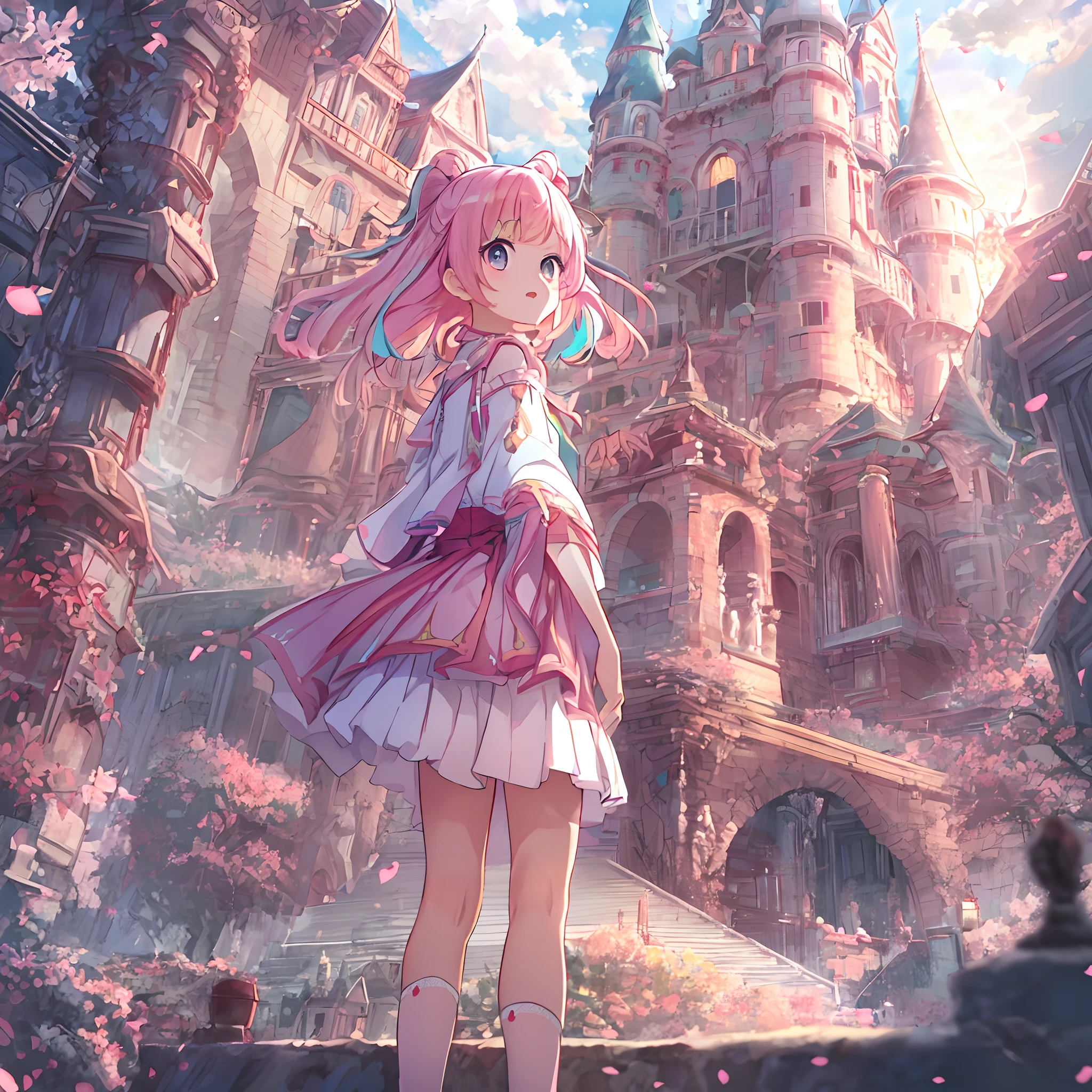 absurderes, hight resolution, (Anime style:1.1), ((masutepiece)), ((Best Quality)), (Ultra-detailed), (Beautiful), 独奏, Beautiful face、(liftup),12year old、In front of a super-sized and delicate castle、Cute princess clothes、girl with、Pink colorful hair, Colorful eyes,Looking at Viewer,Lens Flare,Dramatic, Coastal、(Lifted skirt:1.3)、Turn around from behind、full body Esbian、chuckle、(low position,from below:1.5)