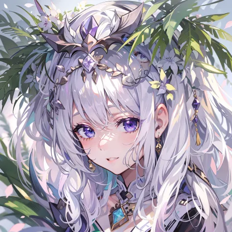 tmasterpiece，Best quality at best，A girl，Pine leaves have white and green hair，Purple pick dye，Smoky eyes，Eyes with a purple-white gradient，diadems，Colorful headdress