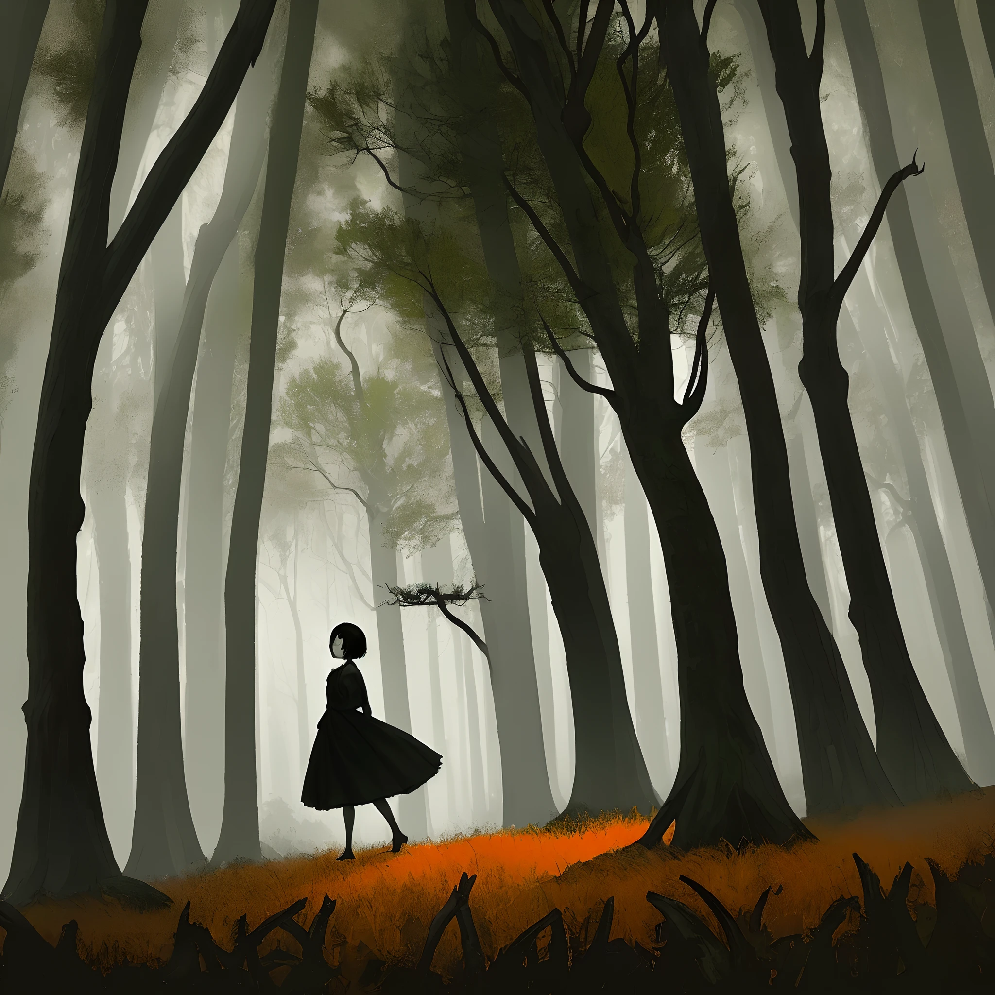 1 Girl with short black hair, pale gray skin in an orange dress in the woods struggling to walk. The camera is behind her Dutch tilt angle, camera is tilted, we see her back. Big scary bended trees gothic trees bended branches warped twisted scenery, painted, oil painting style, gothic art, scary art, horror, sad, depressing, ugly scenery
 spooky, mystical energy in the air, (night:1.5), full moon