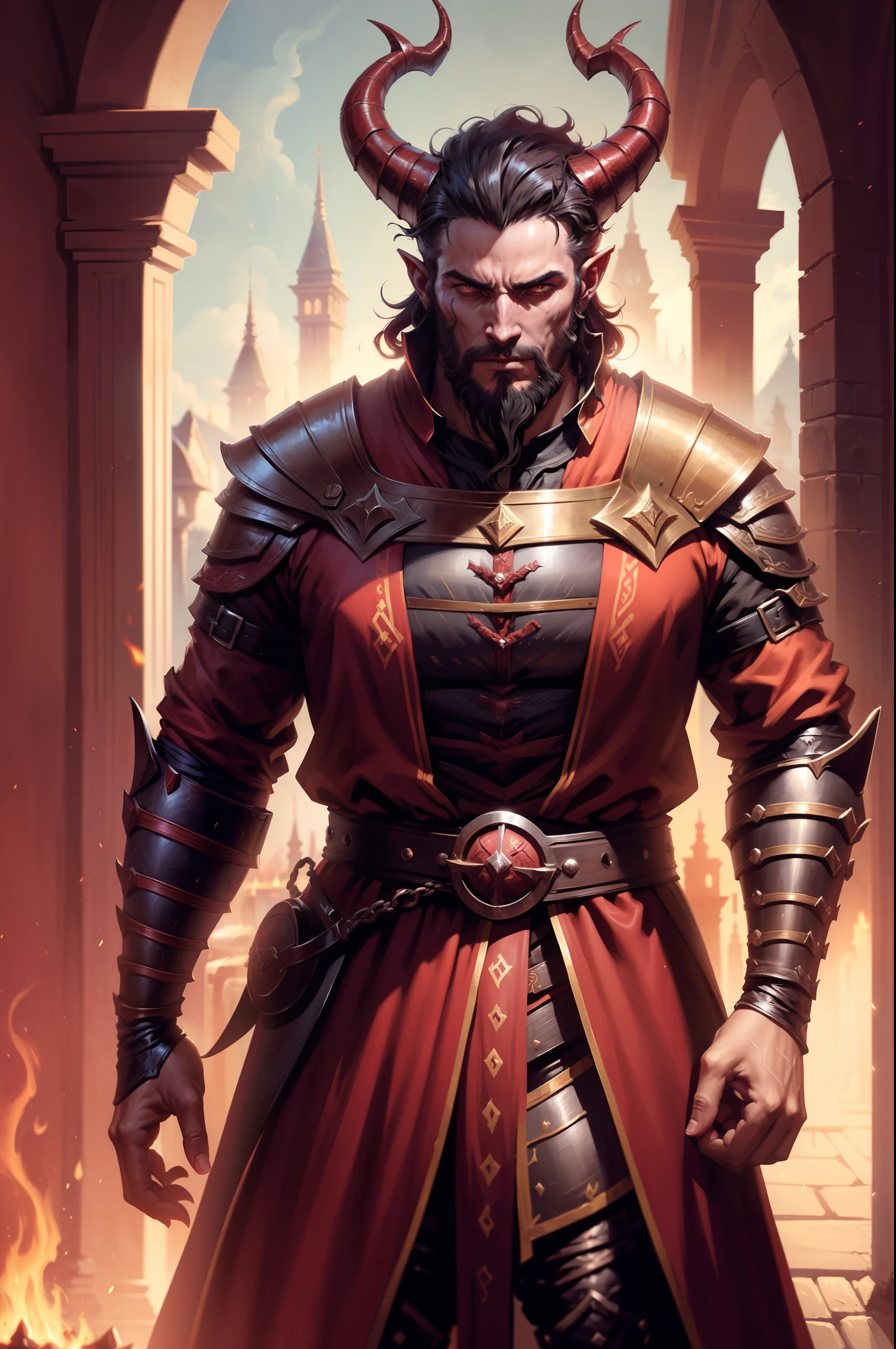 "(1 man with demonic horns+0.9 big hair and beard:0.9+1medieval knight), hell fire, vibrant ray, blood splattered, fully body, Diablo&#39;s dark style, tiefling d&d".