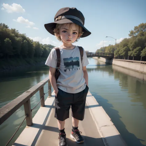 Cute little boy in DWJ hat standing on the bridge