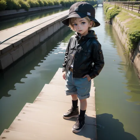 Cute little boy in DWJ hat standing on the bridge