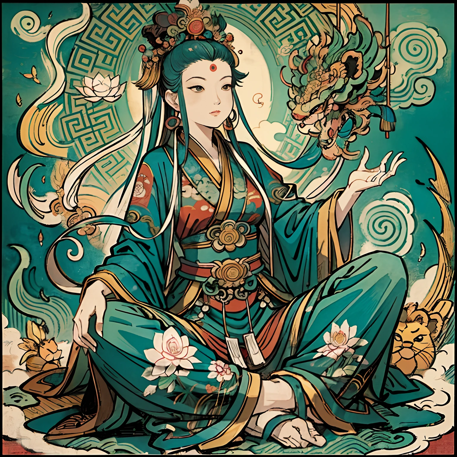 an ancient Chinese goddess, guanyin of the southern seas, Guanyin, Inspired by India, Avalokiteshvara rides a lion，,Serene expression,shui mo hua,Buddha,Buddhist,Lotus,Chinese painting style,Thangka style