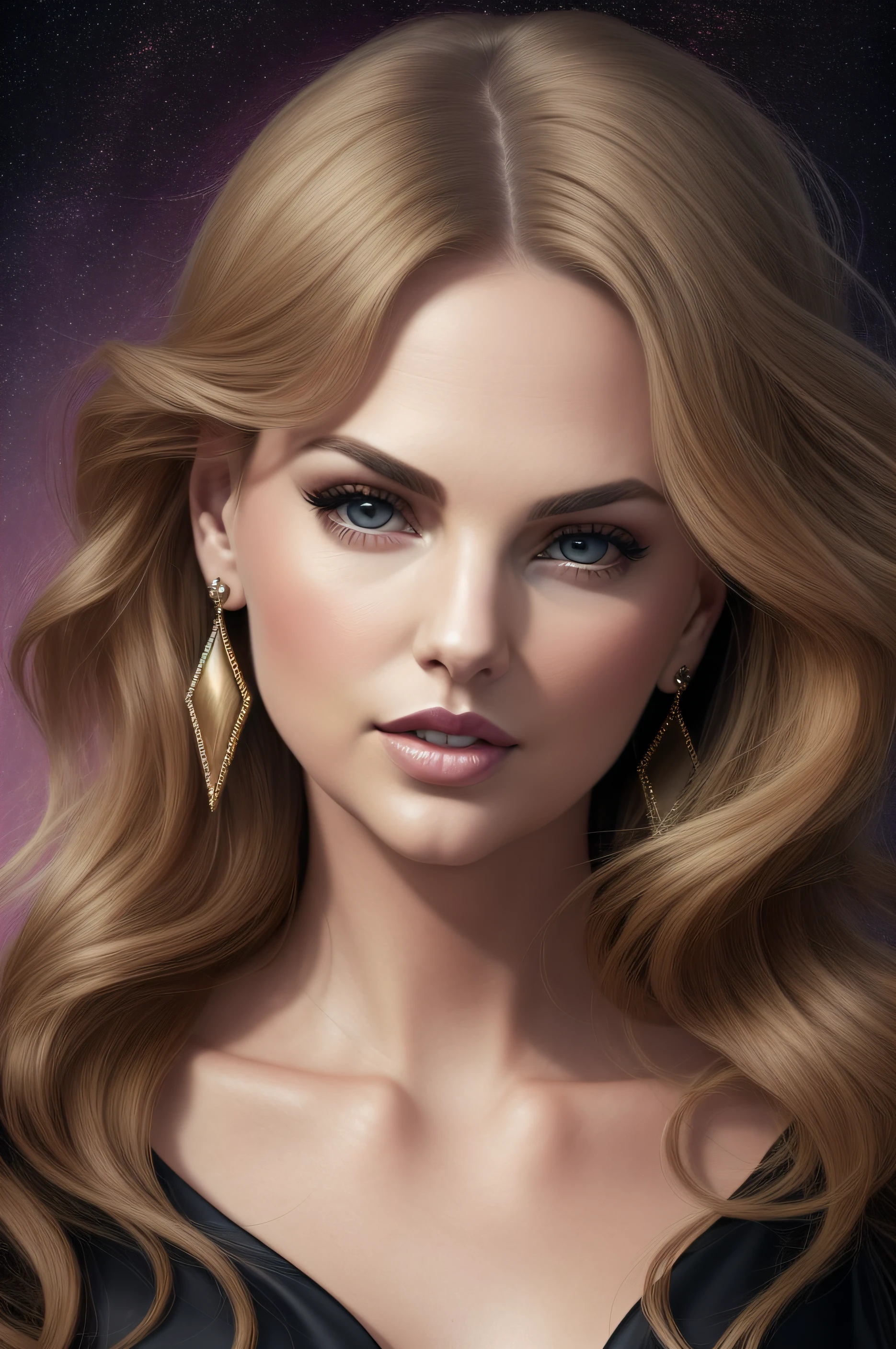 A woman with long blonde hair and earrings in a black dress - SeaArt AI