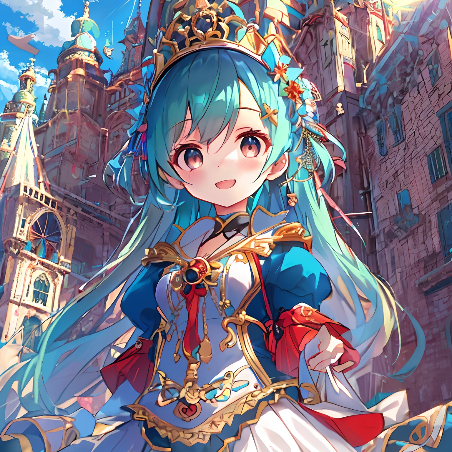 absurderes, A high resolution, (Anime style:1.1), ((masutepiece)), ((Best quality)), (Ultra-detailed), (Beautiful), 独奏, Beautiful face、(hoist),12year old、In front of the oversized and elaborate castle、Cute princess dress、Girl vs、Blue-red colorful hair, Colorful eyes,view the viewer,Lens flare,Dramatic, Coastal、(lifted skirt:1.3)、Turn around from behind、full body Esbian、Giggle smile、(Low positions,From below:1.5)