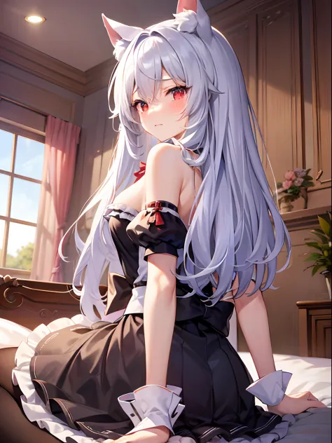 Best Quality, ultra-detailliert, Illustration, silber hair, Aimei,,embarrassed from，red blush，scratching your head，The long-haired，cute  face，beutiful breast，turned around，Close，Angle to show off breasts，look up to，finely detail，a bed、Maids，Cat's ears，cryi...