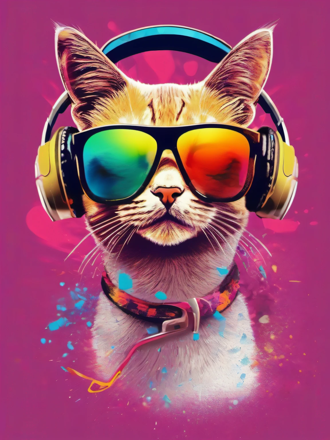 Particles of powder that explode and scatter,vivd colour,Cat in sunglasses and headphones