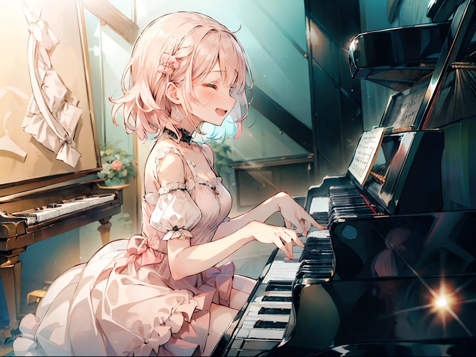 Anime girl na naglalaro ng piano sa isang kwarto na kasama niyaAnime girl na naglalaro ng piano sa isang kwarto na kasama niya  