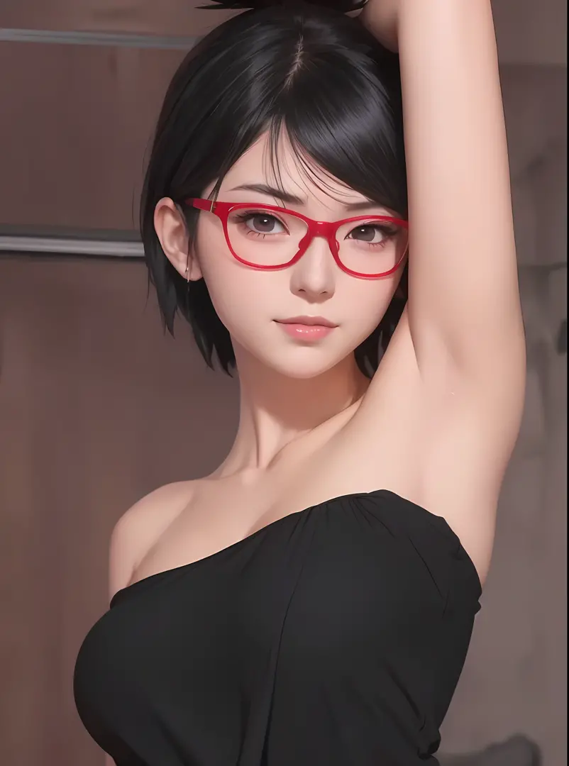 1girl, sarada uchiha in anime naruto, short hair, sexy dress, black hair, red eyes, smile, beautiful, black clothes, wearing glasses red, very big breast, sexy clothes, realistic clothes, detail clothes, indoor background, ultra detail, realistic