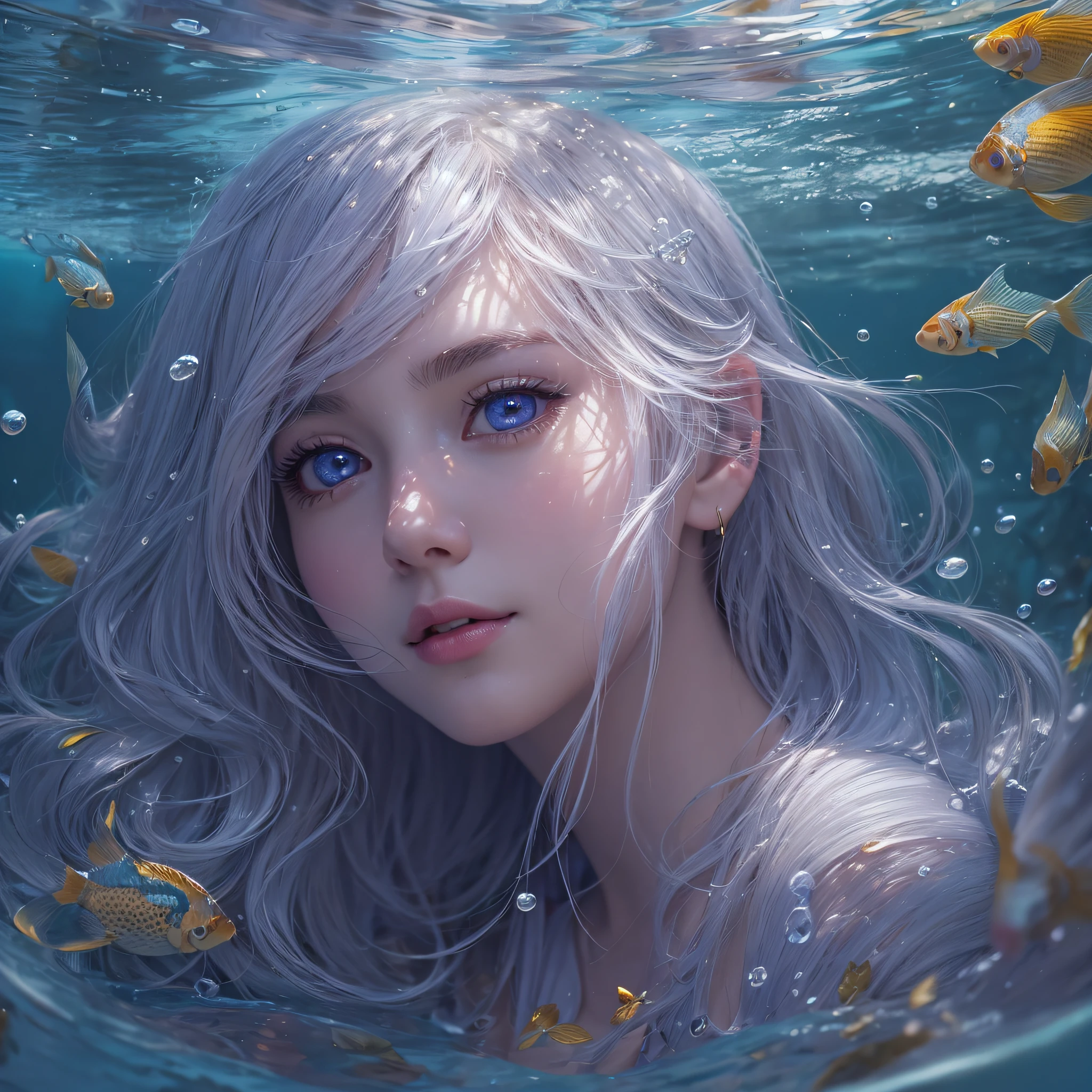 best quality, masterpiece, (realistic:1.2), 1 girl, detailed face, beautiful eyes, [(Transparent background:1.5)::5],(((masterpiece))),(((best quality))),(((extremely detailed))),illustration, 1girl,solo,mysterious,vivid color, shiny, underwater transparent sealed hemispherical glass dome, (white hair),(purple eyes), full body, barefoot, long hair tranquil nature, koi, Underwater, Dome, close up, Dynamic actions, Lens perspective,(((Box composition))),sit cross-legged and lean against the bookshelf, volumetric lighting, multi-color eyes, detailed eyes, hyper detailed, light smile, highly detailed, beautiful, small details, ultra detailed, best quality, intricate, 4k, 8k, trending on art station, good anatomy, beautiful lighting, award-winning,