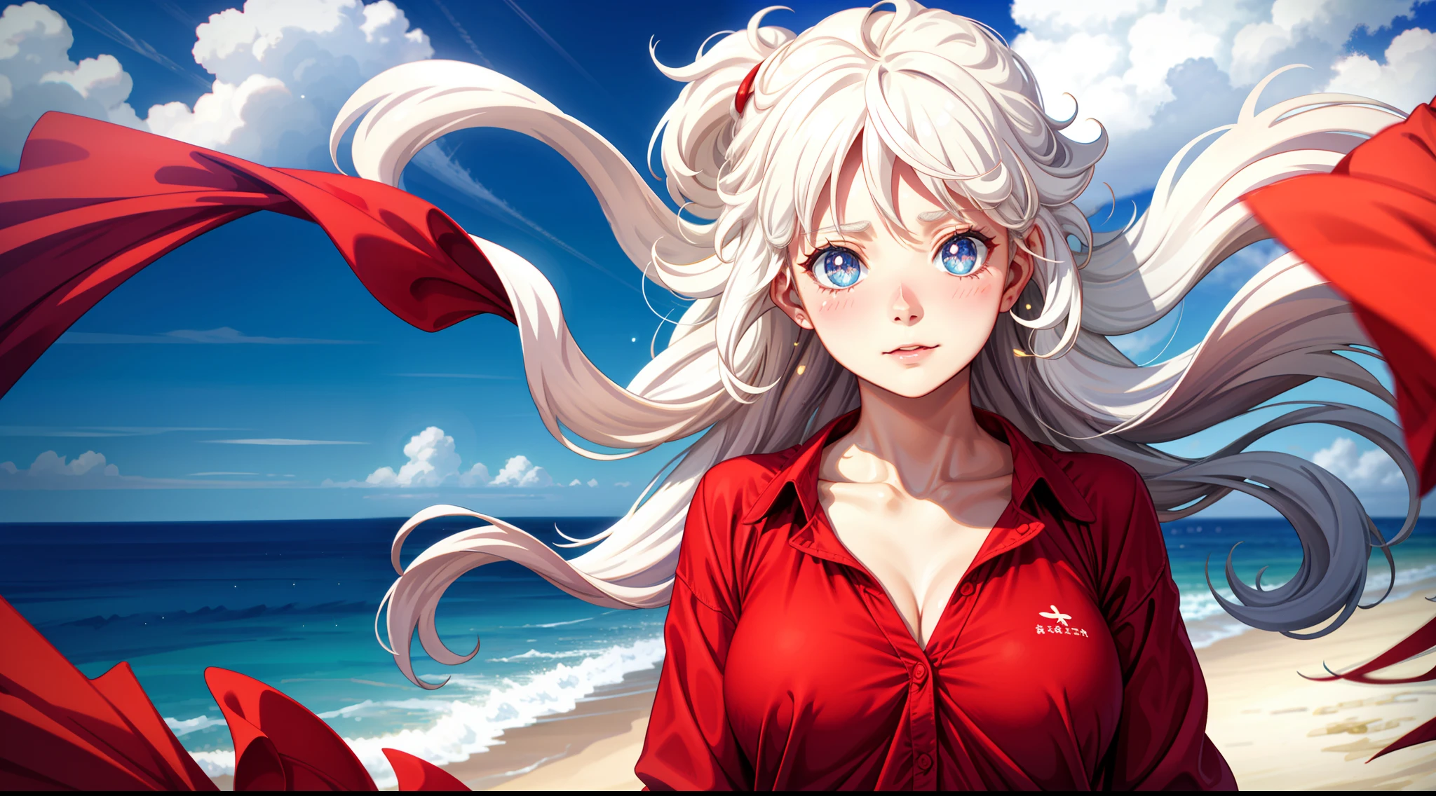 focused upper body, realistic, 1girl, white hair and sparkling eyes, blush, morning, at the beach, sunlight, (wearing red shirt)