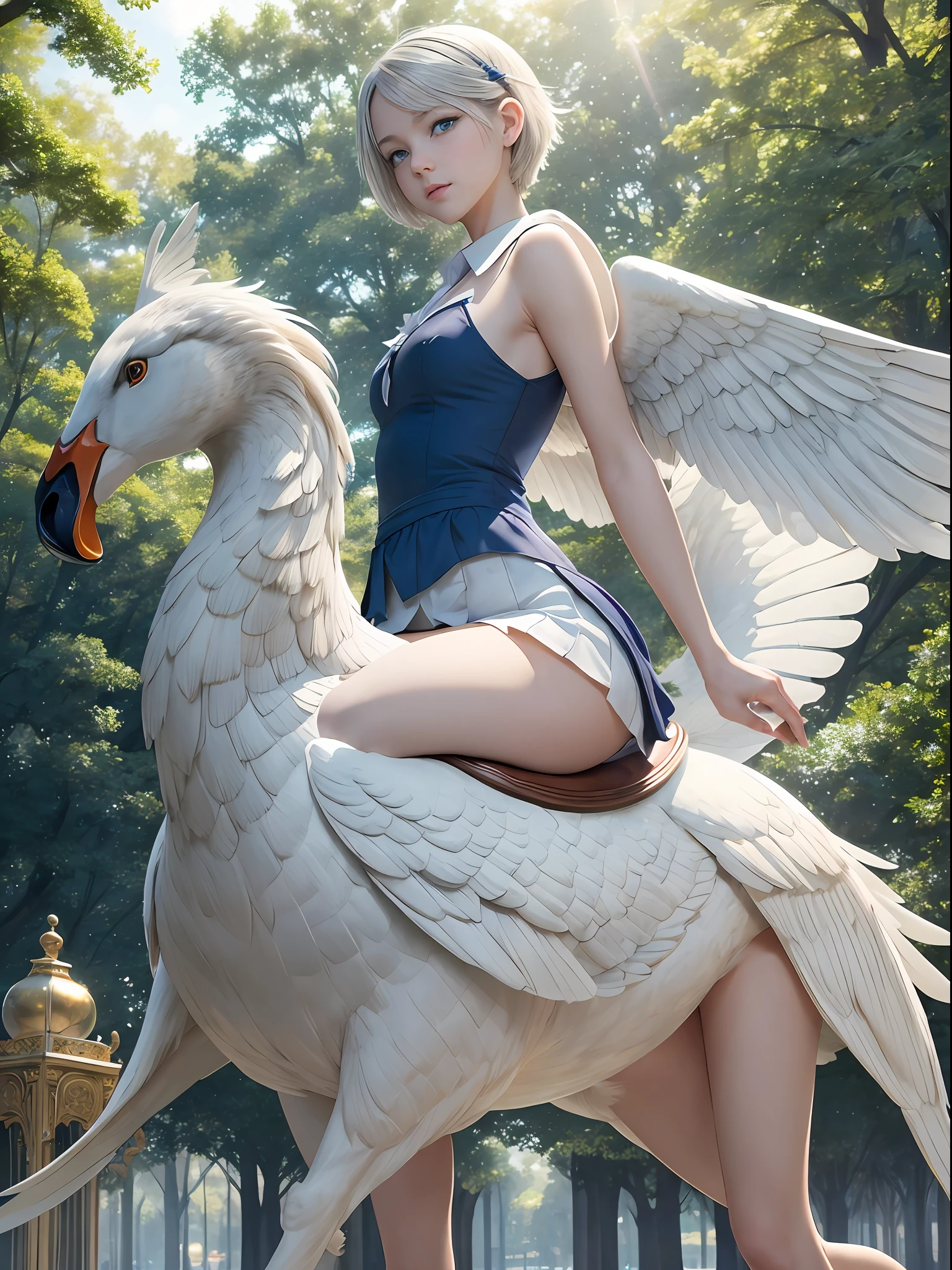 (Best Quality, Masterpiece: 1.1), (Realistic: 1.4), Beautiful naked schoolgirl is riding on the swan, god ray, teen, silver short hair, blue eyes, full body, from below, hourglass body shape, running on the park,