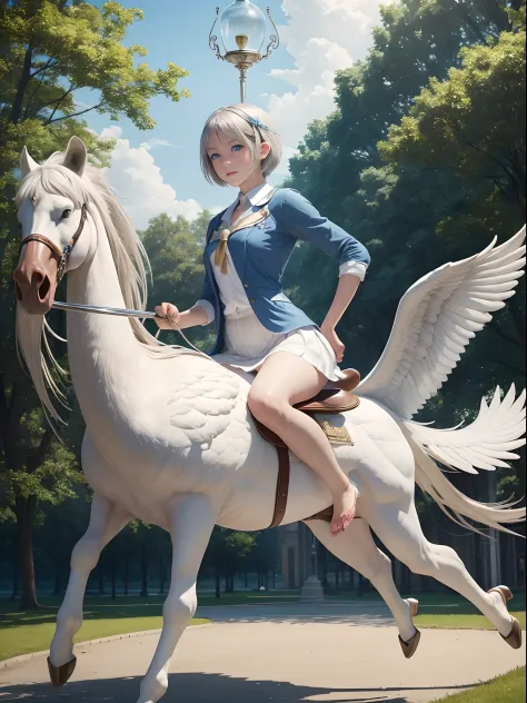 (Best Quality, Masterpiece: 1.1), (Realistic: 1.4), Beautiful naked schoolgirl is riding on the swan, god ray, teen, silver shor...