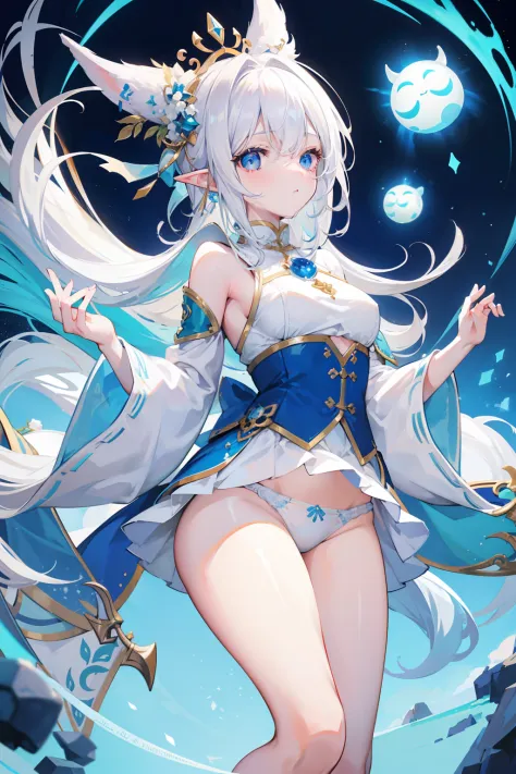 Creamy white hair，Fuzzy clothes，Hairy lute，Blue and white color scheme，Cute as the Jade Rabbit Elf，Precision and flexibility，white  panties，Beautiful appearance，It's a sweet girl