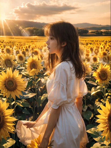 from side view、Girl in a vast sunflower plantation in a white dress、looks cheerful and happy、At sunset、Golden sunlight shining o...