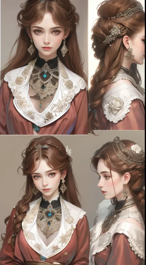 tmasterpiece，Highest high resolution，Beautiful bust of a noble lady，Delicate chocolate-colored braided hair，Brown clear eyes，The hair is covered with beautiful and delicate floral craftsmanship, Crystal jewelry filigree，Ultra-detailed details，upscaled。Soft...