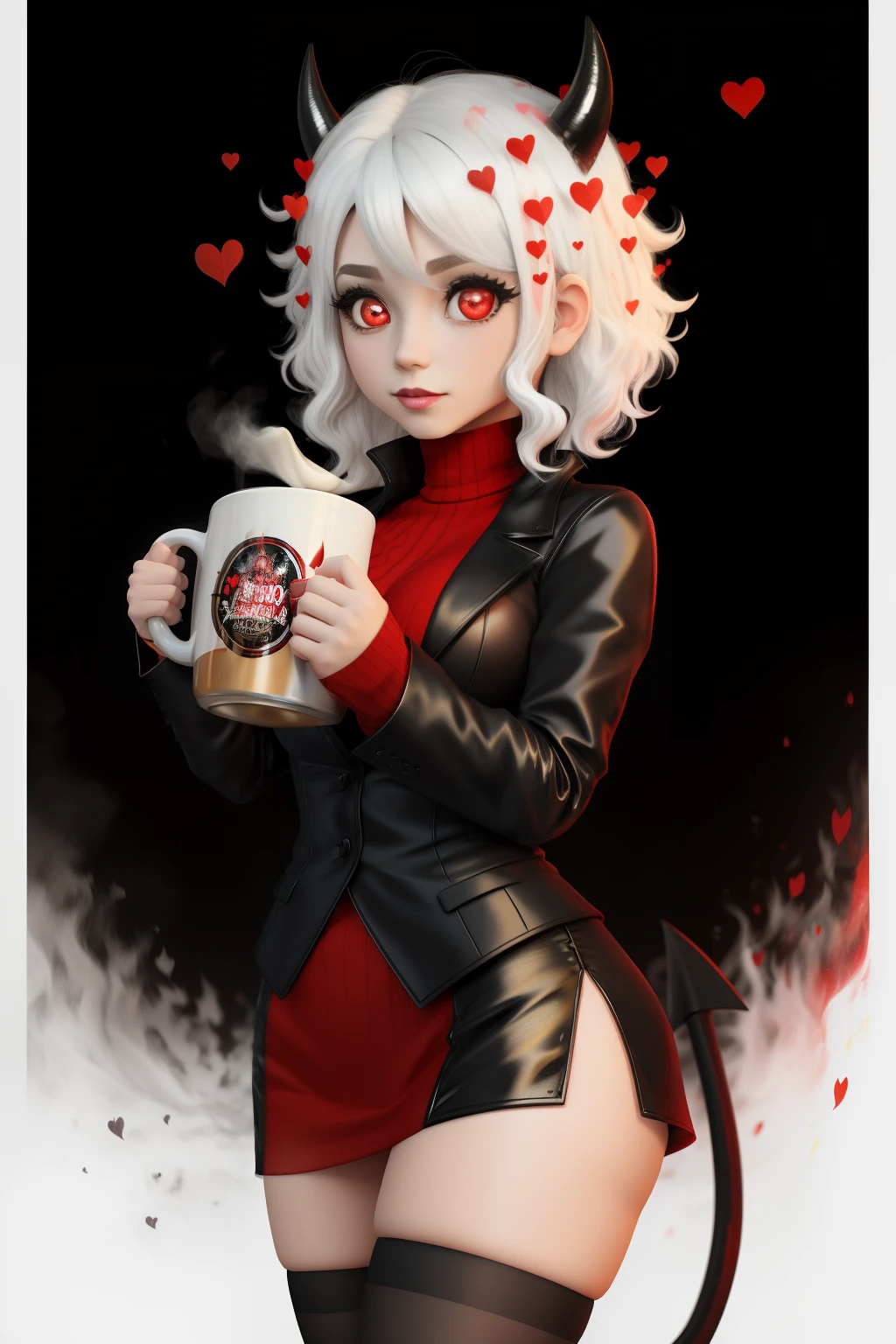 Masterpiece, (1 girl) (chibi style), render 3d, Best Quality, Modeus (helltaker), (demon tail), ((red ribbed sweater,high neck)), black skirt, black jacket, (red eyes), ((((white hair)))),((medium short hair)), trumpets, hearts, (heart-shaped pupils), black horns,  pantyhose, black mid-calf stockings. celebrating and with a ((big mug of beer)) in his hands