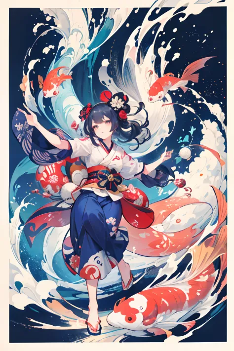 best quality, style of Hokusai, Ukiyoe, a dancing woman, (floating koi fish), flying carp