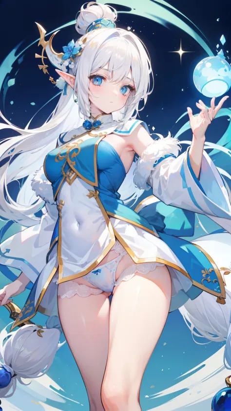 Creamy white hair，Fuzzy clothes，Hairy lute，Blue and white color scheme，Cute as the Jade Rabbit Elf，Precision and flexibility，white  panties，Beautiful appearance，It's a sweet girl