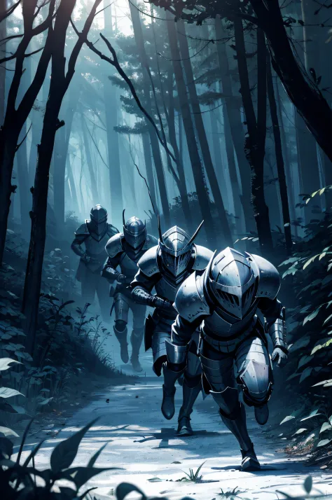 Knight cadets scared running away In a dark forest From a eltrich horror