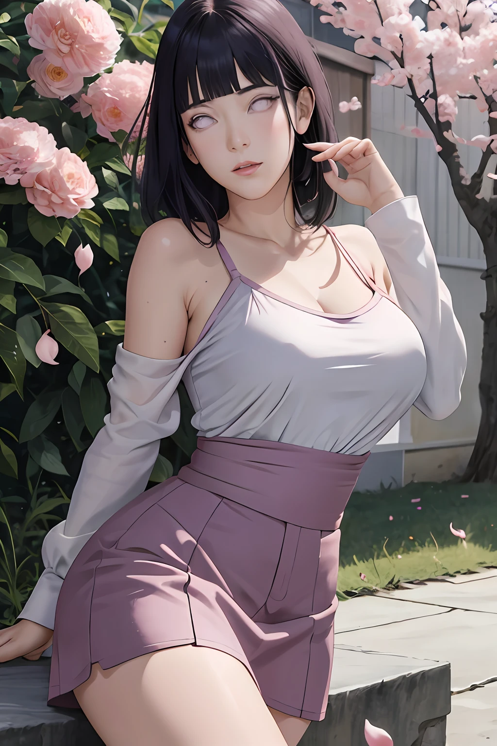 masterpiece, absurdres, hinata\(boruto\), 1girl, solo,mature female, spaghetti strap top, high waist pencil short skirt, looking at viewer, (falling petals), perfect composition, detailed lips, big breast, beautiful face, body propotion, blush, (pink lips), long hair,  purple eyes,  soft gaze,  super realistic, detailed, photoshoot, realistic face and body,