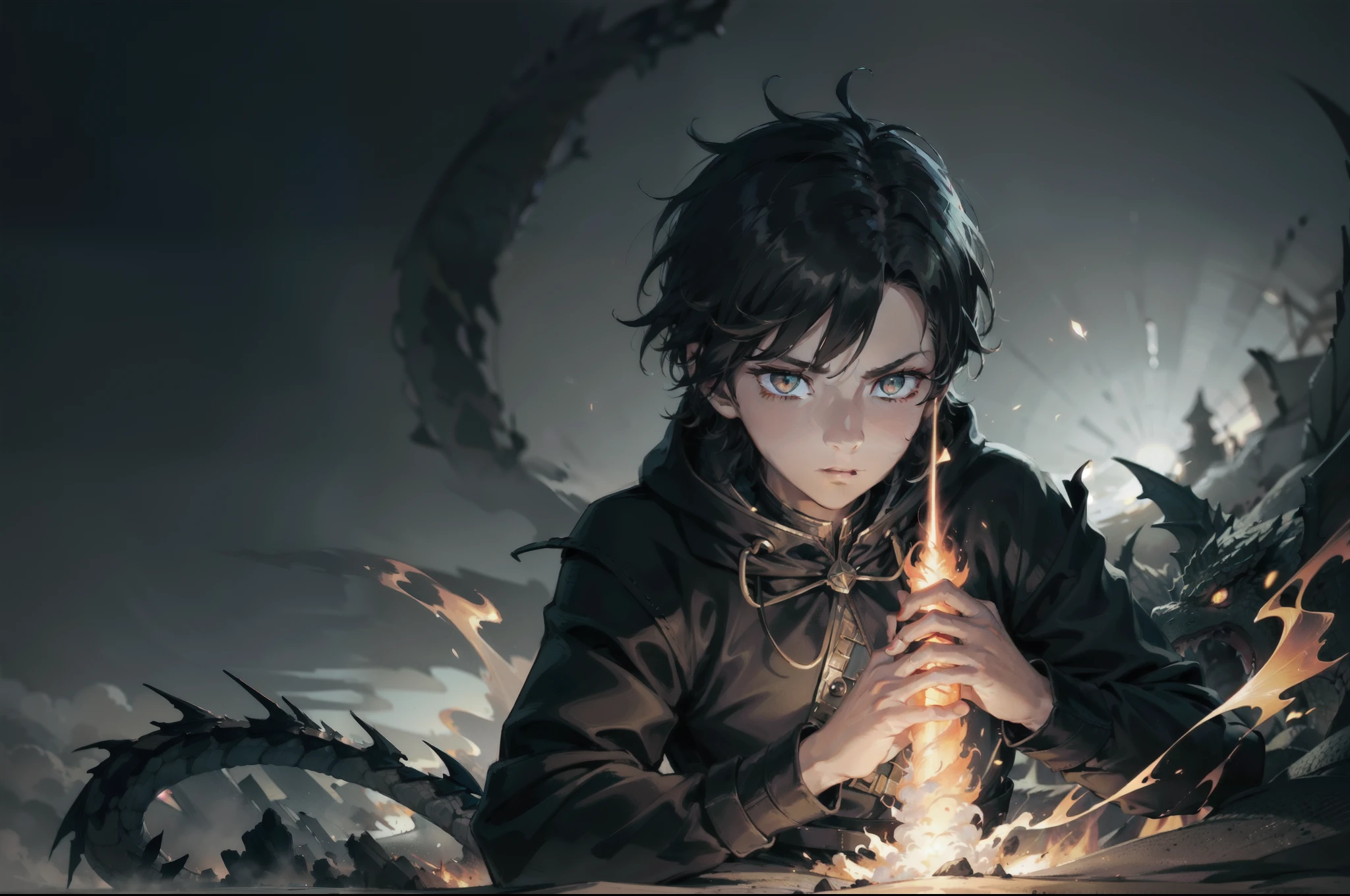 A boy with a dark and mysterious aura, clutching a luminescent flare stick amidst billowing smoke while venturing into the unknown. The glow of his dragon eyes pierces through the darkness, revealing a hidden abyss.