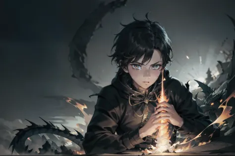 A boy with a dark and mysterious aura, clutching a luminescent flare stick amidst billowing smoke while venturing into the unkno...