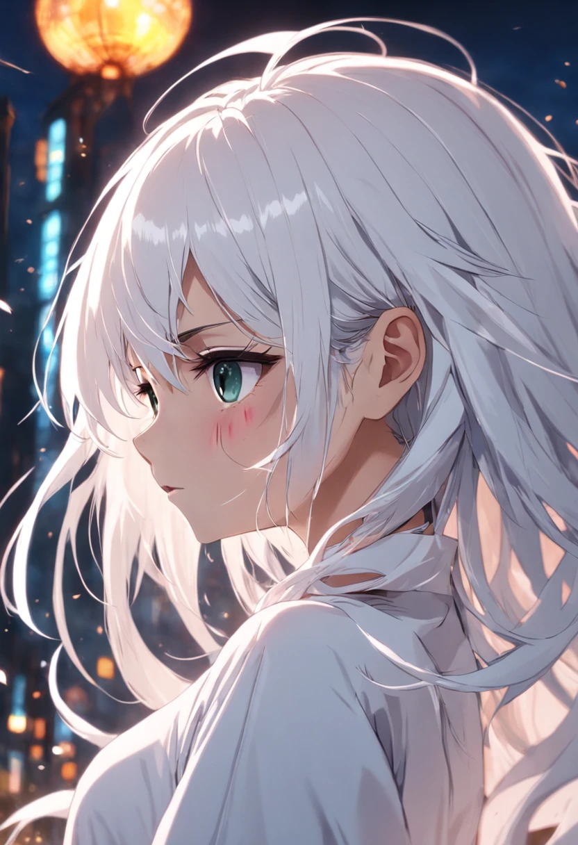 Anime girl with white hair and blue eyes looking at the city - SeaArt AI