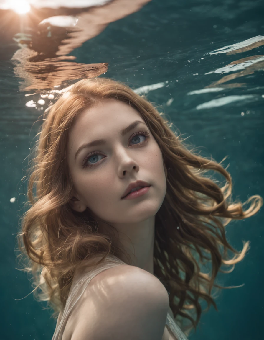 ocean floor，1girll，Floating hair，Eyes with stories，looks into camera，Hair flows in water，Full body like，1 giant koi， Buble，airbubble， Under the water， The sun refracts light， dingdall effect，8K, Super meticulous, Best quality, Masterpiece, Photorealsitic，skin textures