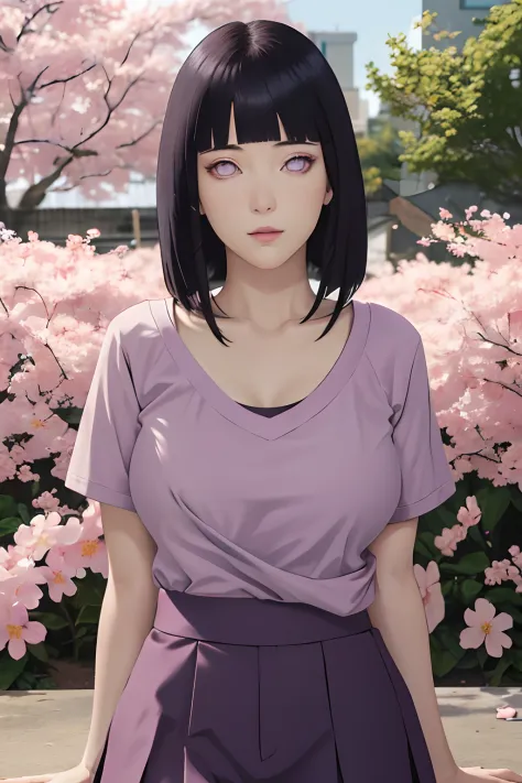 masterpiece, absurdres, hinata\(boruto\), 1girl, solo,mature female, tshirt v neck, high waist mini skirt, looking at viewer, (falling petals), perfect composition, detailed lips, big breast, beautiful face, body propotion, blush, (pink lips), long hair,  ...