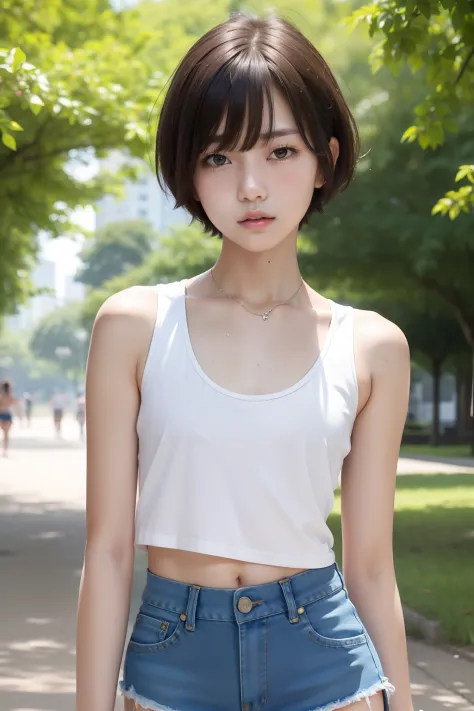 a beauty girl、cute face、Very small breasts、slender body and limbs、Unbutton  your shirt、Brown hair、Shirt with wide open chest、Keep previous face、a smile  - SeaArt AI