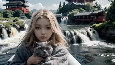 photorealistic, (masterpiece), (best quality),   1girl, long hair, blonde hair, (zhaojun:1), (holding cat),  (chartreux),  narro...