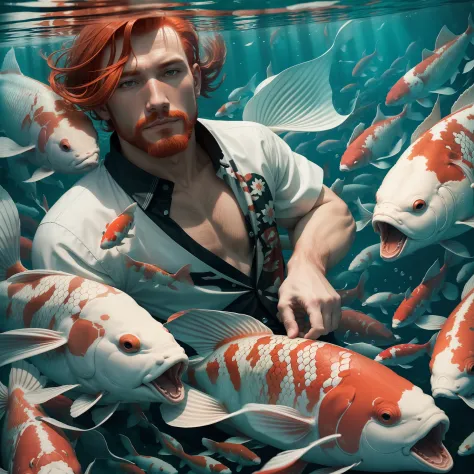 Red haired man underwater surrounded by Koi fish