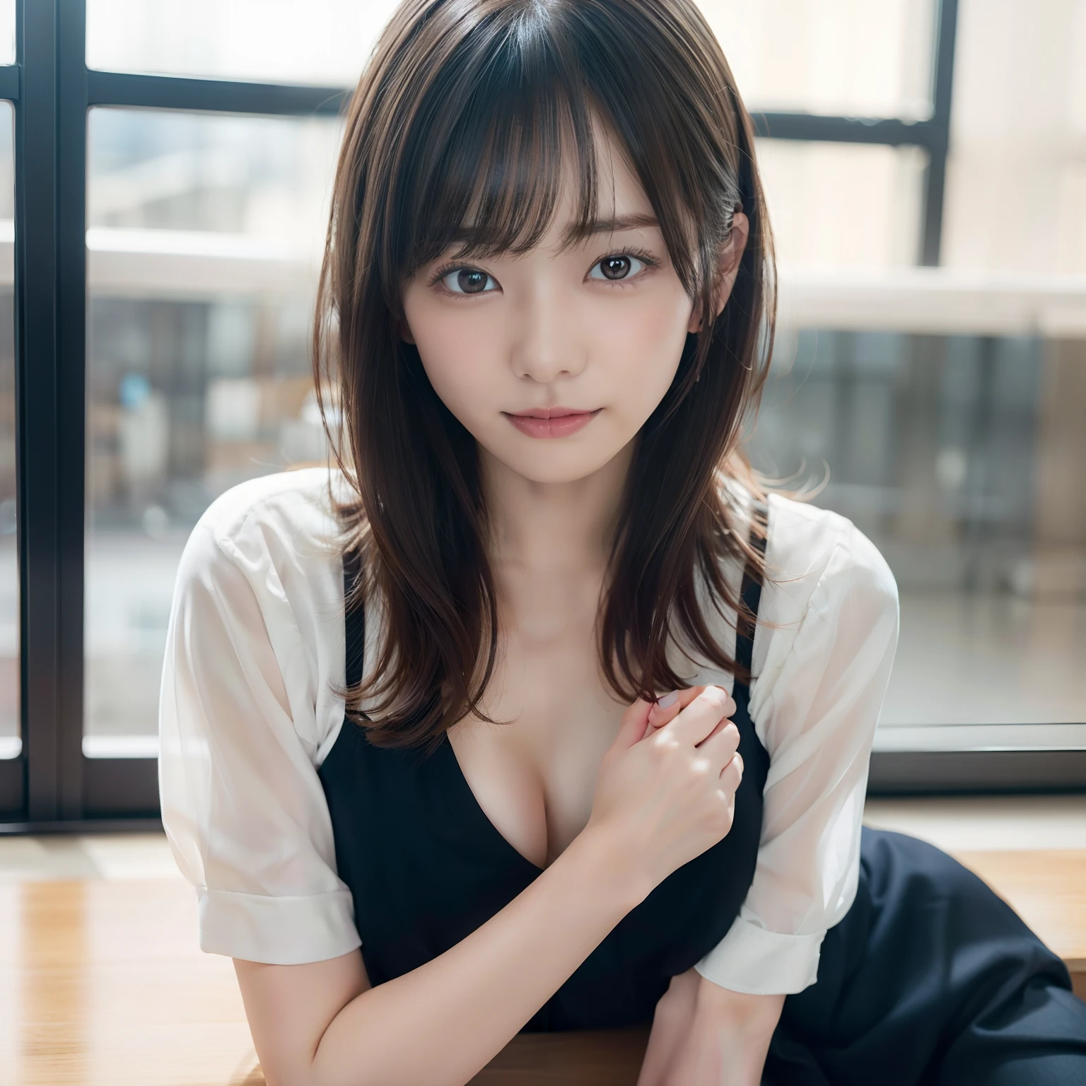 in 8K,Best Quality:1.4, 超A high resolution:1.5, (Photorealistic:1.4),​masterpiece:1.2,(top-quality:1.4)、 Raw photo、 (the background is blurred),  1日本人の女の子, Cute, (Solo:1.4), (Shy smile), Smooth skin、 (Brown medium hair,Bangs),nogizaka,Supple fingertips,Beautiful black eyes、dual、natural skin textures:1.3, realistic eyes and face details:1.7、middlebreasts、during daytime、Toned buttocks:1.5、gazing at viewer,The photographer is３ｍpostpone, Casual suit,Black shoes, Upper body:1.8,(detailed hairs:1.1), (Detailed eyes:1.1)、in a school、inside in room